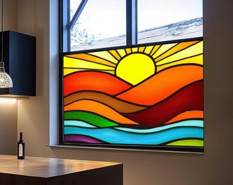 Rainbow Sunset Window Privacy Film Stained Glass Cling for Living Room Windows – Custom Size Decorative Static Vinyl for Glass Door or Panel
