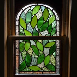 Vintage Cottage Green Leaf Stained Glass Window Film – Rustic Botanical Arch Privacy Cling