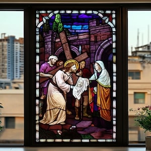 Jesus Carrying the Cross Stained Glass Window Film – Religious Privacy Cling