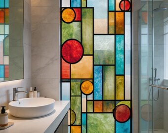 Custom Mondrian Style Stained Glass Window Film, Geometric Privacy Film, Static Cling, No Adhesive, Modern Home Decor