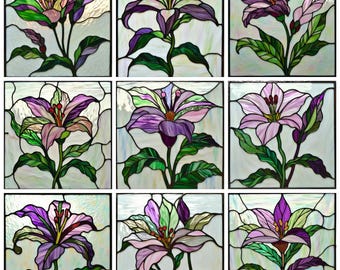 Custom Stained Glass Window Film – Purple and Green Floral Design | Static Cling Privacy Window Cover for Bathroom, Kitchen, Door