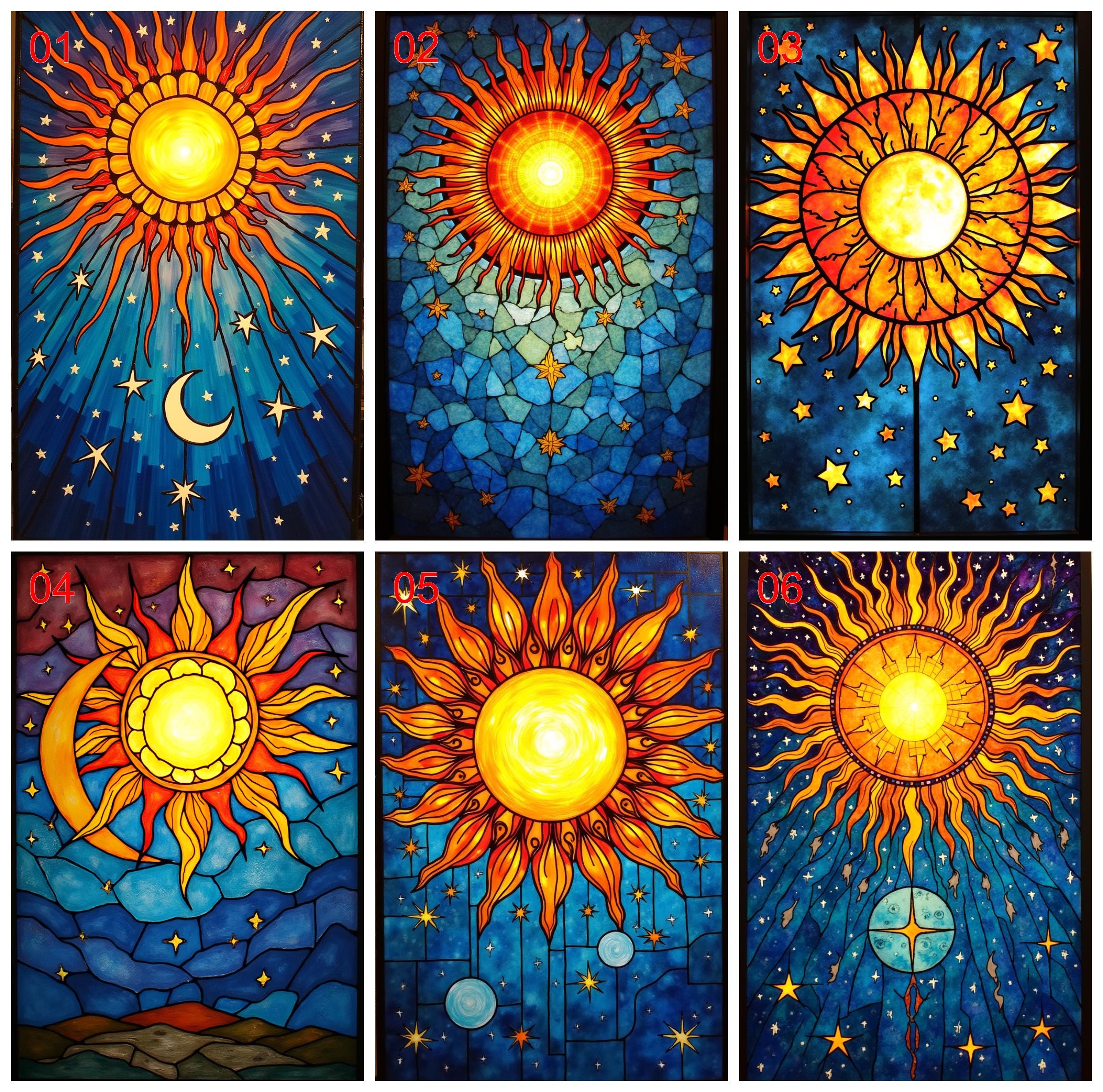 Custom Celestial Stained Glass Window Film – Sun Moon Stars Static