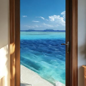 Ocean View Door Window Film, Tropical Beach Stained Glass Decal, Privacy Cling for Glass Doors, Coastal Summer Home Decor