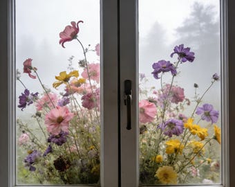 Wildflower Stained Glass Window Film, Pastel Floral Privacy Cling, Boho Meadow Window Decal for French Doors & Bathroom, Art Home Decor