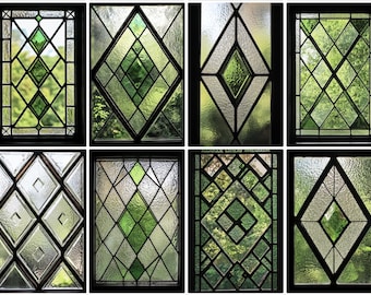 Green Diamond Stained Glass Window Film - Decorative Privacy Film for Doors & Windows - Non-Adhesive Static Cling with Free Custom Size
