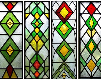 Película de privacidad para vitrales personalizada con diseño de rombos rojos, amarillos y verdes, decorativa geométrica vintage, adhesiva estática para puertas y ventanas.