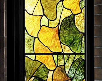 Ginkgo Leaf Stained Glass Window Film - Decorative Privacy Film for Doors & Windows - Non-Adhesive Static Cling with Free Custom Size