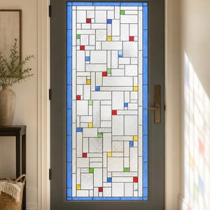 Stained Glass Window Film for Front Doors, Art Deco Frosted White Rectangular Geometric, Custom Size