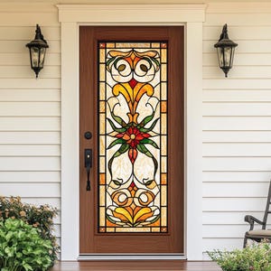 Vintage Stained Glass Window Film - Decorative Privacy Door Sticker with Classic Floral and Geometric Patterns