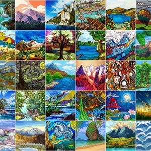 May include: A collage of stained glass art featuring various landscapes, nature scenes, and abstract designs. The artwork is vibrant and colorful, with a mix of geometric and organic shapes.