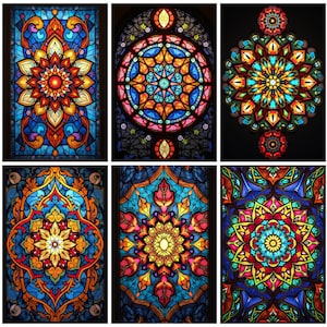 May include: A collection of six stained glass panels featuring intricate floral and geometric designs. The panels showcase a vibrant palette of colors, including blues, oranges, yellows, and reds. Each panel has a unique pattern, with some featuring circular and rectangular shapes.