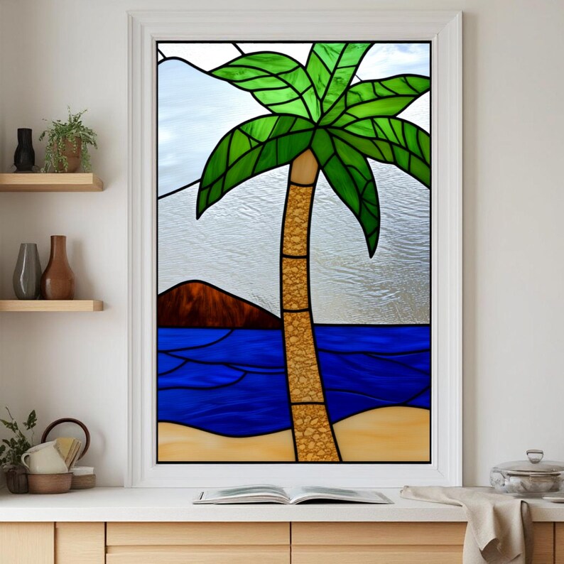 Tropical Palm Tree Stained Glass Window Film Ocean Beach Scene Frosted ...