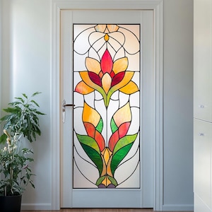Stained Glass Window Film - Decorative Privacy Door Sticker with Classic Floral and Geometric Patterns