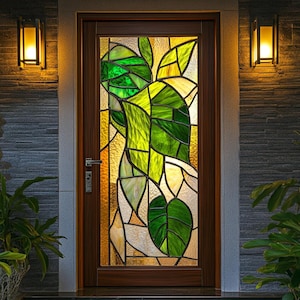 Golden Green Leaf Stained Glass Door Film - Custom Decorative Privacy Film, Non-Adhesive Static Cling, Perfect for Entryway & Home Décor
