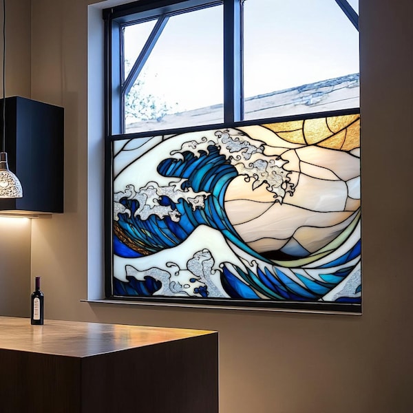 Custom Stained Glass Wave Window Film for Bathroom Door – Ocean Style Privacy Window Cling – Non-Adhesive Decorative Vinyl Panel