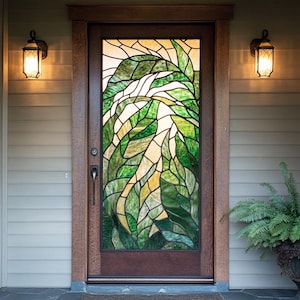 Elegant Green Leaves Stained Glass Door Film - Custom Decorative Privacy Film, Non-Adhesive Static Cling, Perfect for Entryways & Home Décor
