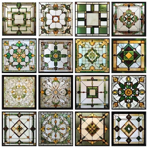 May include: A grid of sixteen square stained glass panels. Each panel features a unique design with geometric and floral patterns. The color palette includes green, yellow, and brown, with black framing. The glass has a textured appearance.
