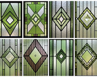 Película para ventanas con vitrales Art Déco de color verde con efecto diamante. Vinilo estático geométrico para puertas y ventanas. Tamaño personalizado disponible.