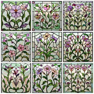May include: Nine stained glass panels with floral designs. Each panel displays flowers, leaves, and stems in pink, purple, and green hues, set against a light background. The panels are framed with black lines, creating a decorative pattern.