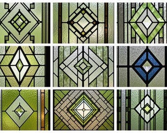 Película para vitrales con efecto diamante verde oliva: vinilo esmerilado de tamaño personalizado, sin adhesivo, con efecto geométrico para privacidad en puertas y ventanas.