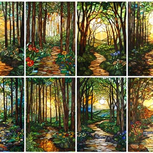 Puede incluir: Una ventana de vitral que representa un camino sinuoso a través de un bosque con un arroyo que corre a lo largo. La escena está bañada por una luz cálida y dorada, lo que sugiere una puesta o salida de sol. Los colores son vibrantes y ricos, con tonos de verde, azul, amarillo y naranja.