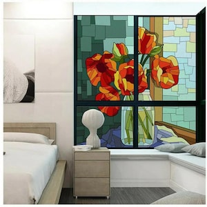 Floral and Butterfly Stained Glass Window Film – Decorative Privacy Decals with Sunflowers, Tulips, and Dragonflies