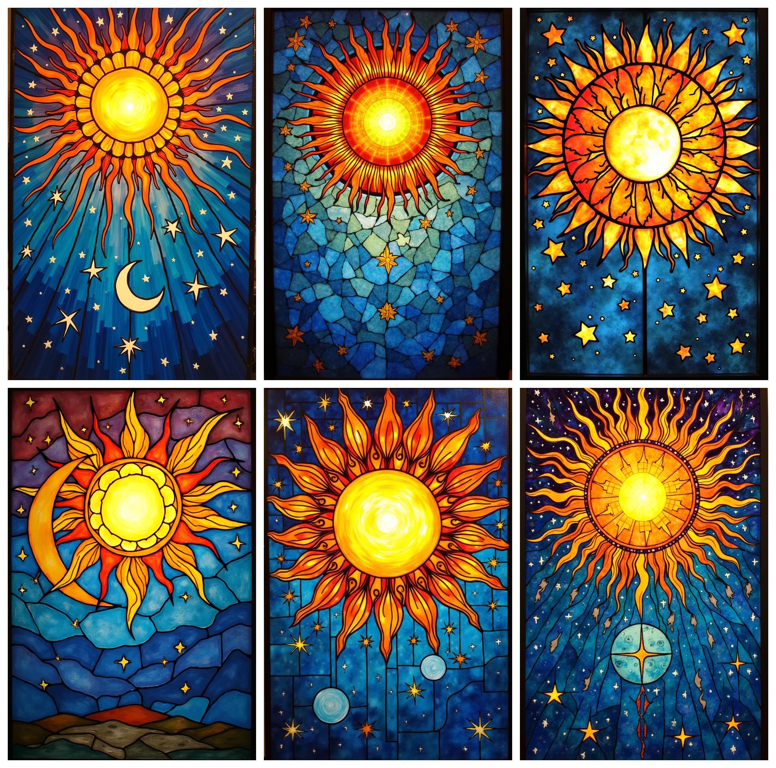 Custom Celestial Stained Glass Window Film – Sun Moon Stars Static