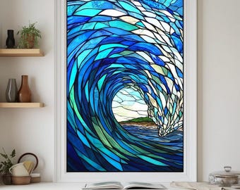 Ocean Wave Window Privacy Film – Custom Stained Glass Style Window Cling for Living Room or Bedroom – Blue Sea Decorative Vinyl