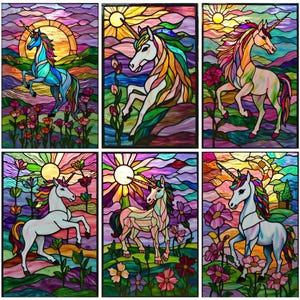 Custom Stained Glass Window Film – Fantasy Unicorn Sunset Design, Colorful Static Cling Privacy Film for Kids Room, Door, or Living Space