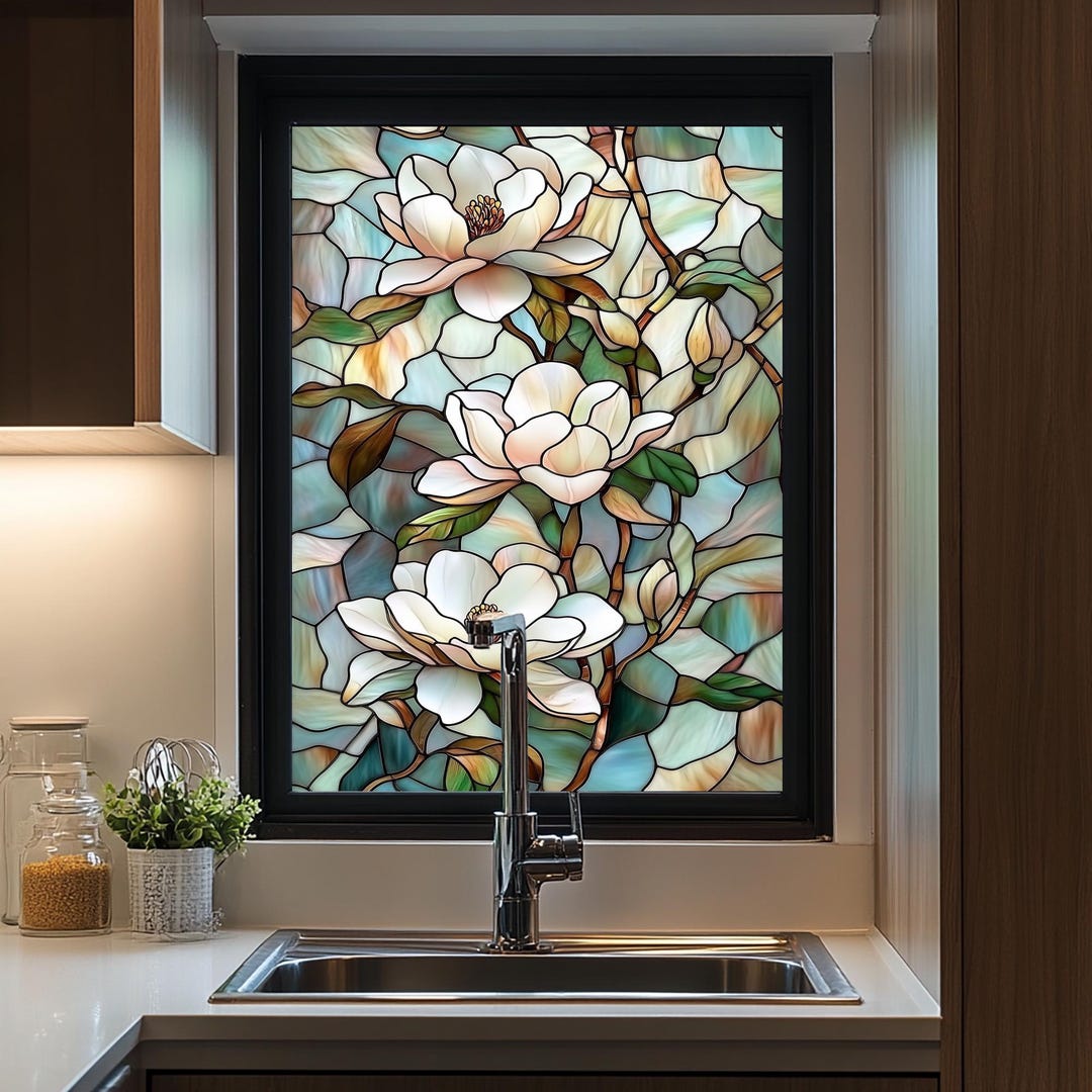 Floral Stained Glass Window Film Magnolia Design For Vertical Kitchen 