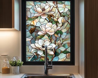 Floral Stained Glass Window Film – Magnolia Design for Vertical Kitchen Windows