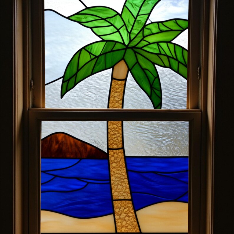 Tropical Palm Tree Stained Glass Window Film Ocean Beach Scene Frosted ...