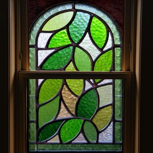 Custom Stained Glass Leaf Window Film – Green Botanical Privacy Cling with Arched Design for Doors and Windows