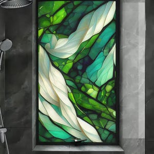May include: A stained glass window design featuring green, blue and white colours. The design incorporates abstract shapes and patterns.
