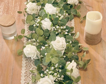 Ghirlanda di eucalipto artificiale da 5,91 piedi con fiori, ghirlanda di rose finte di gypsophila, ghirlanda floreale finta verde per decorazioni per feste di matrimonio