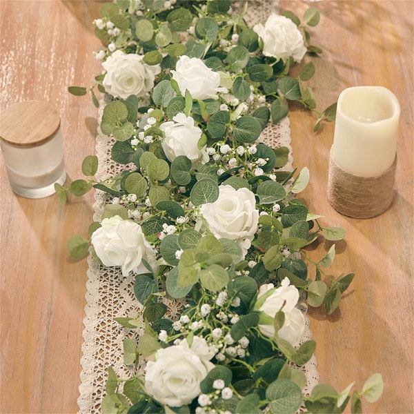 5.91FT Artificial Eucalyptus Garland with Flowers, Fake Rose Gypsophila Garland, Faux Floral Garland Greenery for Wedding Party Decor