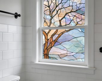 Stained Glass Window Film Tree Design Custom Size Available Bathroom Privacy Film Static Cling Frosted Glass Window Cover Decorative Vinyl