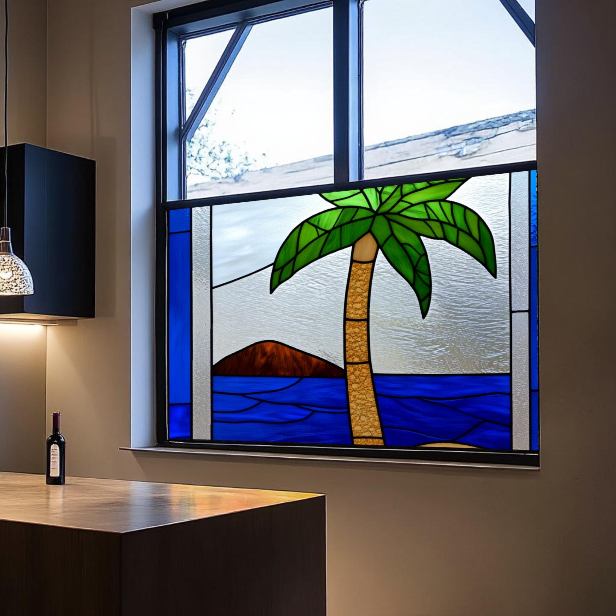 Tropical Palm Tree Stained Glass Window Film Ocean Beach Scene Frosted ...