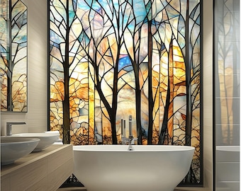 Sunset Forest Stained Glass Window Film – Decorative Privacy Decal for Bathrooms, Frosted Non-Adhesive Design