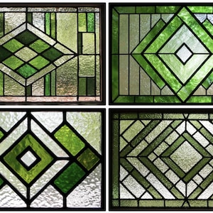 May include: Four stained glass window panels featuring geometric patterns in green and clear glass. Each panel is framed in dark brown or black. The designs incorporate diamond, square, and rectangular shapes.