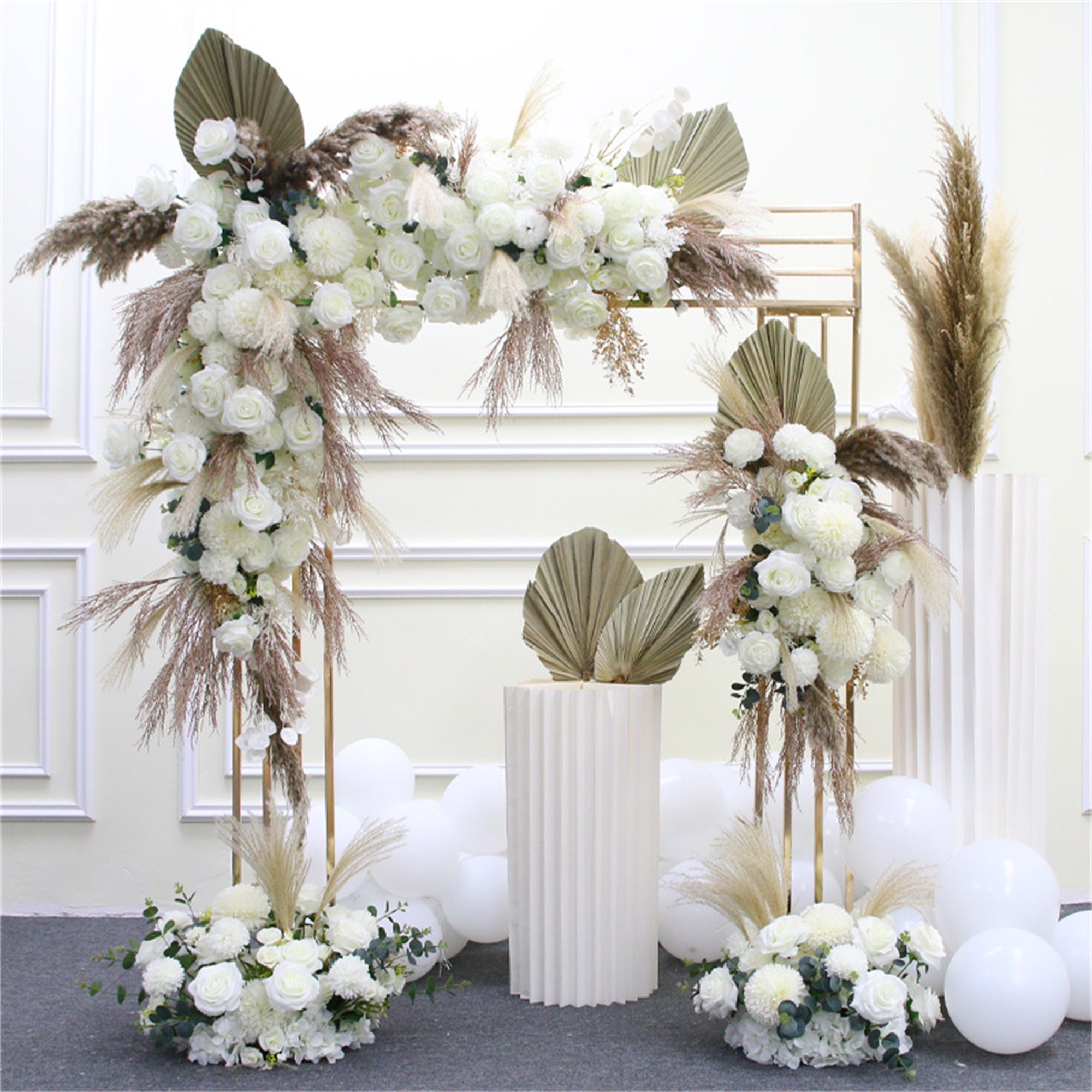 Boho White and Gold Pampas Grass Floral Arrangement Wedding Centerpiece 