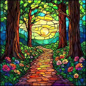 Custom Stained Glass Window Film – Colorful Sunrise Path Privacy Vinyl Cling for Door or Bathroom – Nature Scenic Decorative Panel