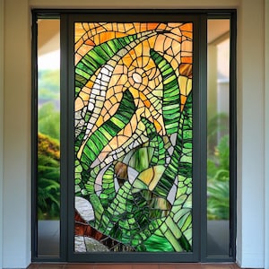 Tropical Leaf Stained Glass Door Film - Custom Decorative Privacy Film, Non-Adhesive Static Cling, Perfect for Home & Office
