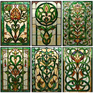 May include: Six stained glass panels with floral designs. Each panel features intricate patterns in shades of green, yellow, and brown, with a dark green border. The designs include stylized flowers, leaves, and geometric shapes, creating a decorative and artistic display.