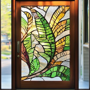 Green Leaf Stained Glass Door Film - Custom Decorative Privacy Film, Non-Adhesive Static Cling, Perfect for Home & Office Décor