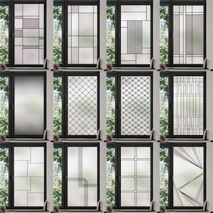 May include: Twelve different window film designs with various geometric patterns. The window film is frosted and has a black frame.