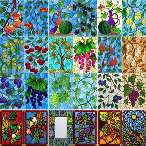 May include: A collage of stained glass images depicting various fruits and plants, including grapes, cherries, lemons, apples, and pine cones. The images are arranged in a grid pattern and feature a variety of colors, including blue, green, red, yellow, and brown.