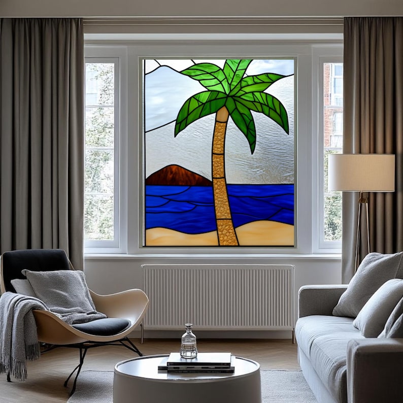 Tropical Palm Tree Stained Glass Window Film Ocean Beach Scene Frosted ...