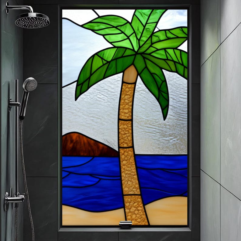 Tropical Palm Tree Stained Glass Window Film Ocean Beach Scene Frosted ...