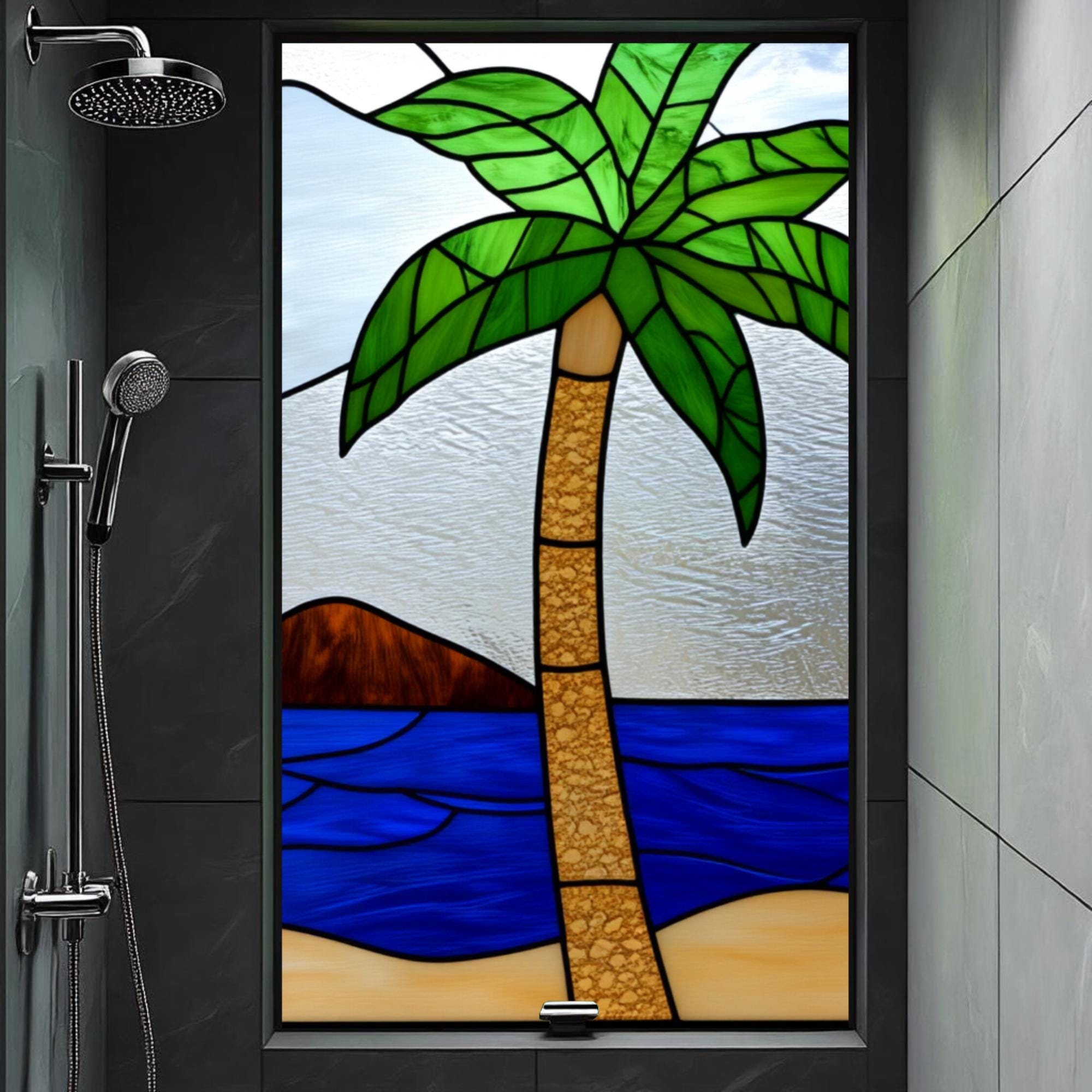 Tropical Palm Tree Stained Glass Window Film Ocean Beach Scene Frosted ...